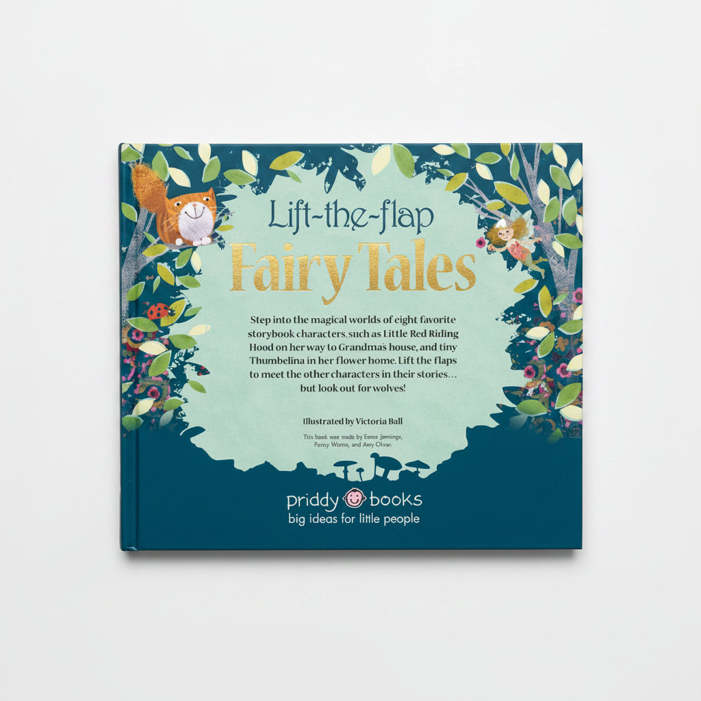 Front cover of the children's book 'Lift-the-flap Fairy Tales' by Priddy Books, featuring a whimsical illustration of a fox, a fairy, and woodland characters framed by leaves and flowers on a light blue background.