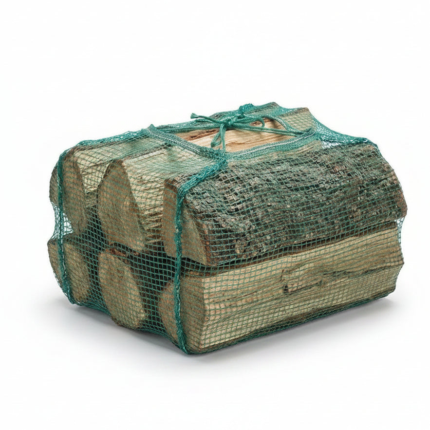 A bundle of cut firewood logs enclosed in a green mesh bag, photographed on a clean white background.