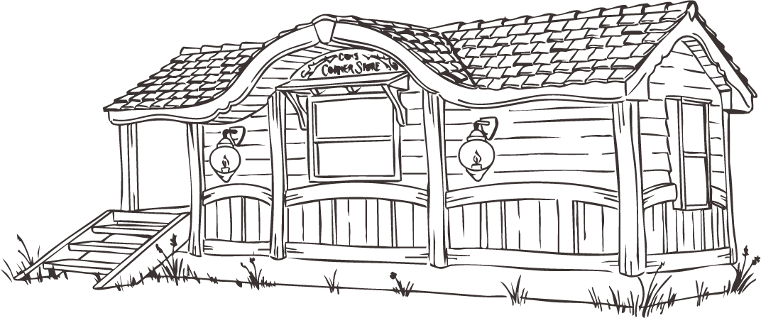 Hand-drawn illustration of the Cobb's Corner Store cottage