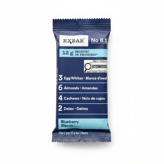 A single ENBAR protein bar wrapper in Blueberry Bleuet flavor. The wrapper is dark blue with light blue text bands and white text detailing the ingredients.