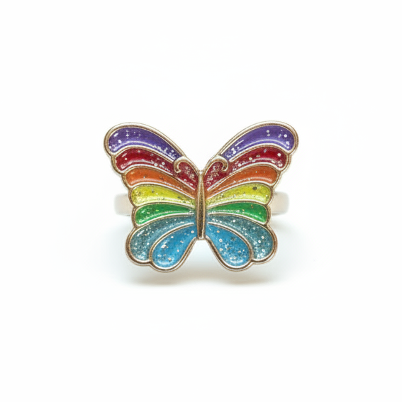 A butterfly-shaped ring with rainbow-colored enamel stripes, presented inside a pink box with a white insert printed with the brand name 'Great Pretenders'.