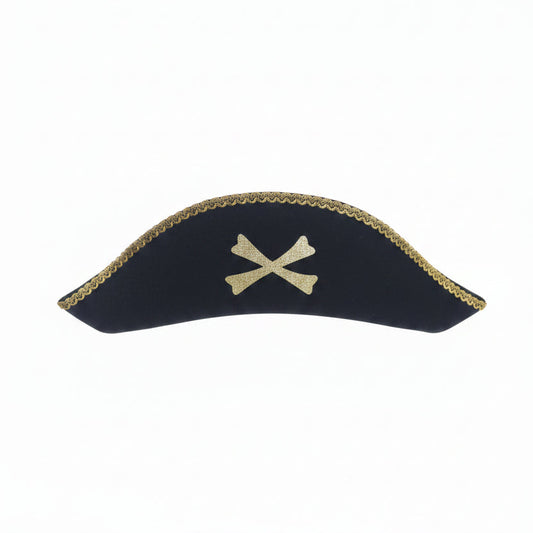A black pirate hat with gold trim and a gold glittery crossed bone emblem on the front