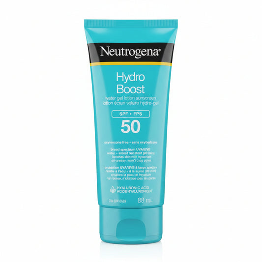 A tube of Neutrogena Hydro Boost SPF 50 sunscreen lotion in a bright turquoise blue color