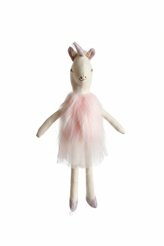 A handmade felt ballerina doll with a pink tutu and cream-colored limbs