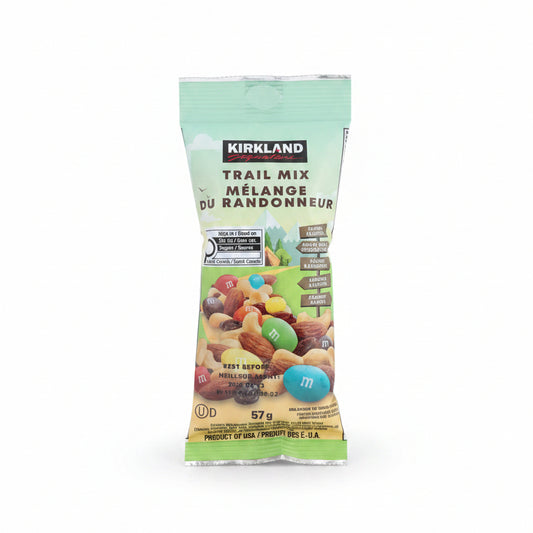 A Kirkland Signature Trail Mix bag with a light blue and green wrapper