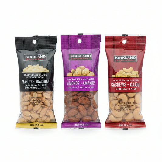 Three bags of Kirkland Signature canned nuts: Carrots and Celery, Peas and Beans, and Peanuts and Almonds.