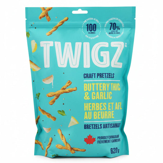 A bag of Twig7 Craft Pretzels Butter & Garlic flavor. The bag is a bright turquoise blue with large white 'TWIG7' lettering and illustrations of golden-brown pretzels.
