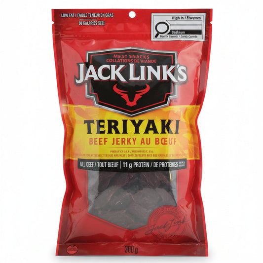 A 300g package of Jack Links Teriyaki Beef Jerky Au Béuf, featuring a red and yellow bag with the brand logo